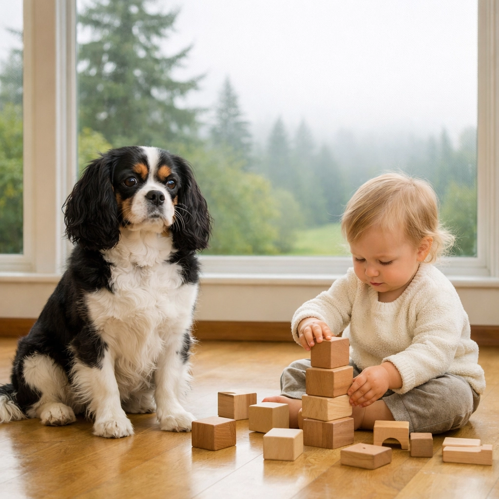 Emotional support dog Cavalier King Charles sitting calmly with a child in Boring, Oregon.