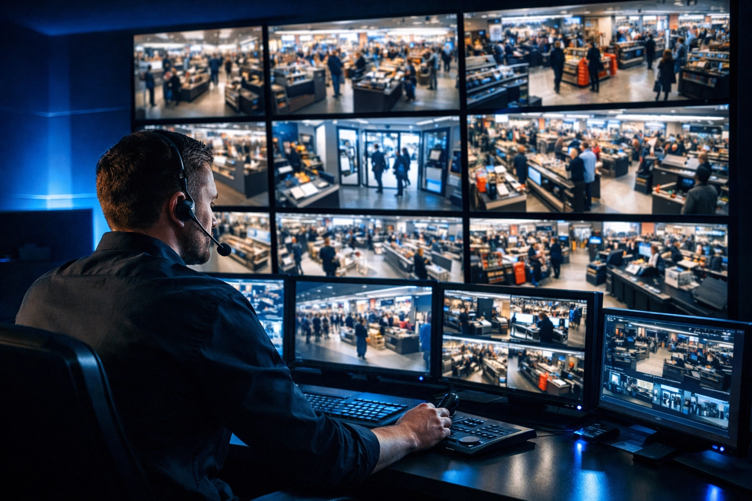 Security professional monitoring multiple surveillance cameras in real-time control room