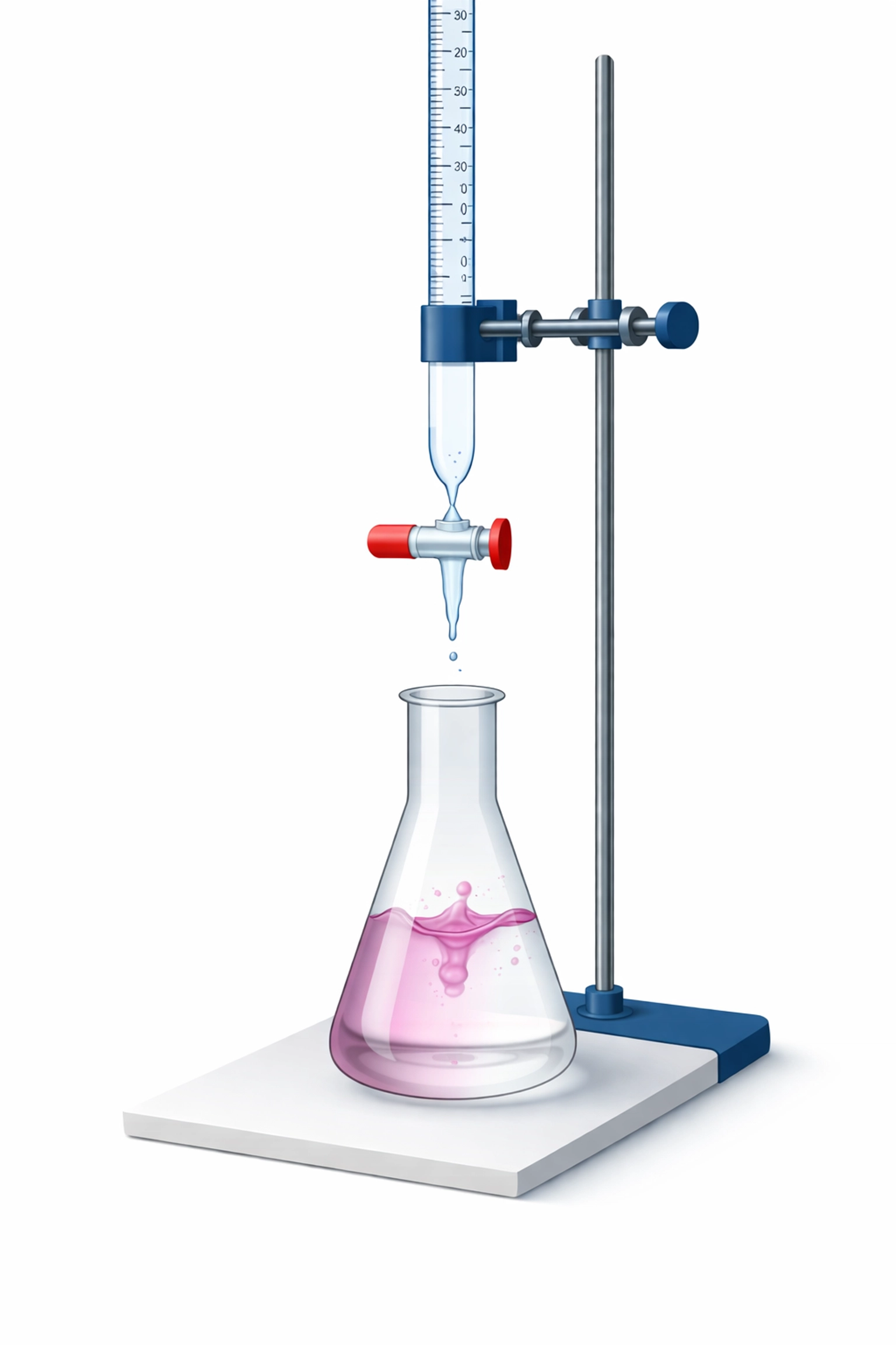 Detailed illustration of a titration experiment with phenolphthalein at the endpoint for chemistry students