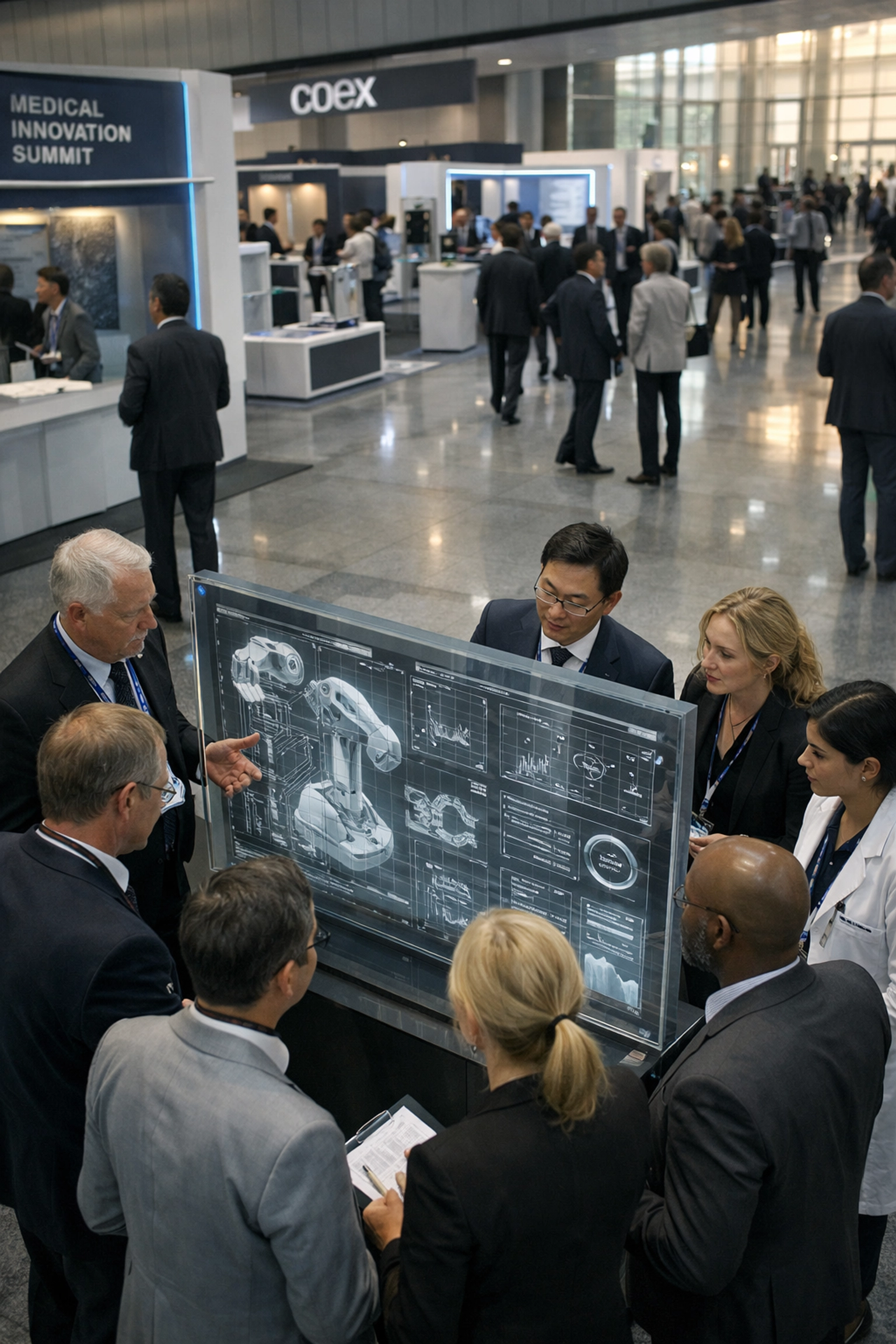 Business professionals at a high-tech exhibition in Seoul's COEX convention center.