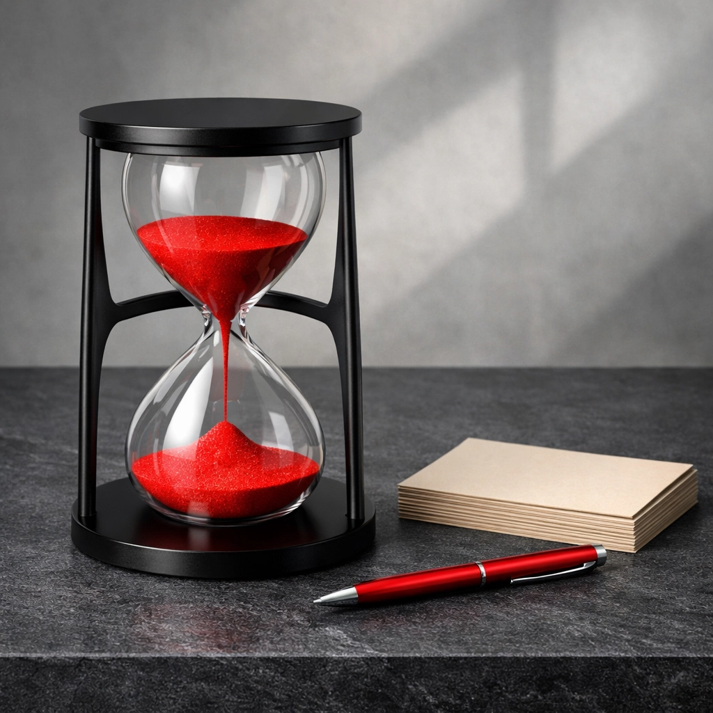 Minimalist hourglass with red sand on a desk representing urgent lead generation for MN and WI real estate agents.