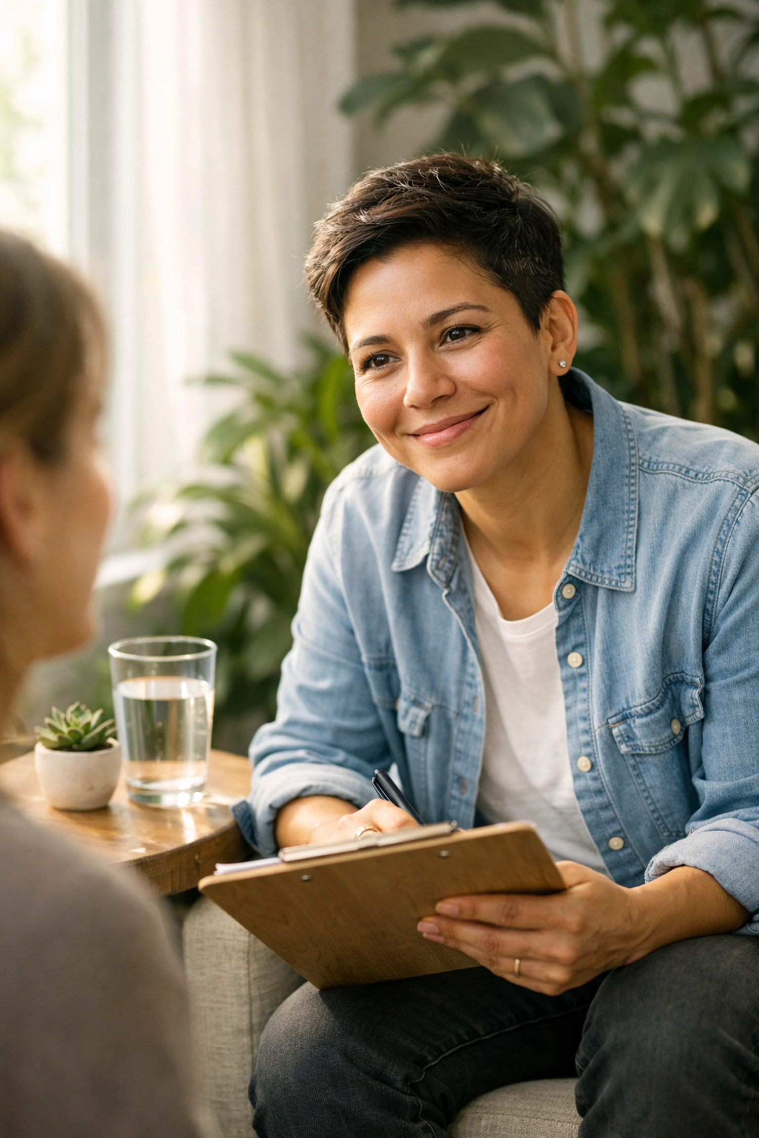 Empathic health coach consulting with a client in a bright office to build trust and brand authority.