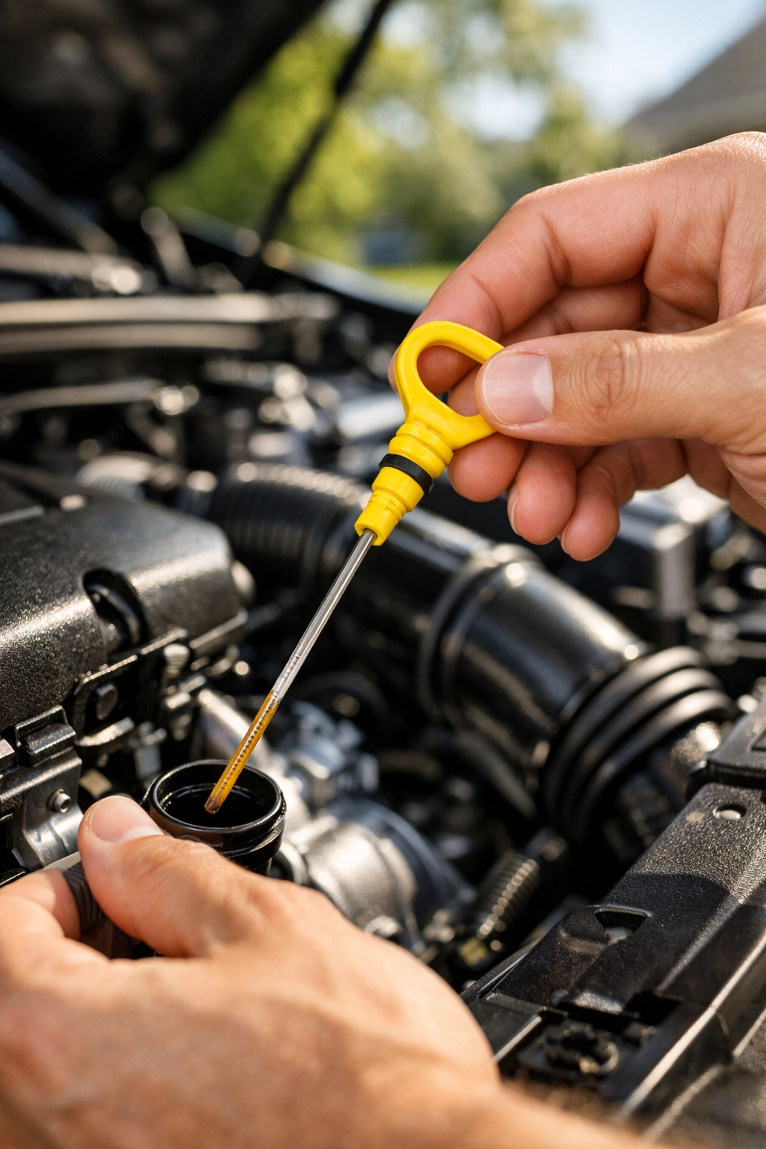 Checking engine oil levels in a Green Bay driveway for routine at-home car maintenance.