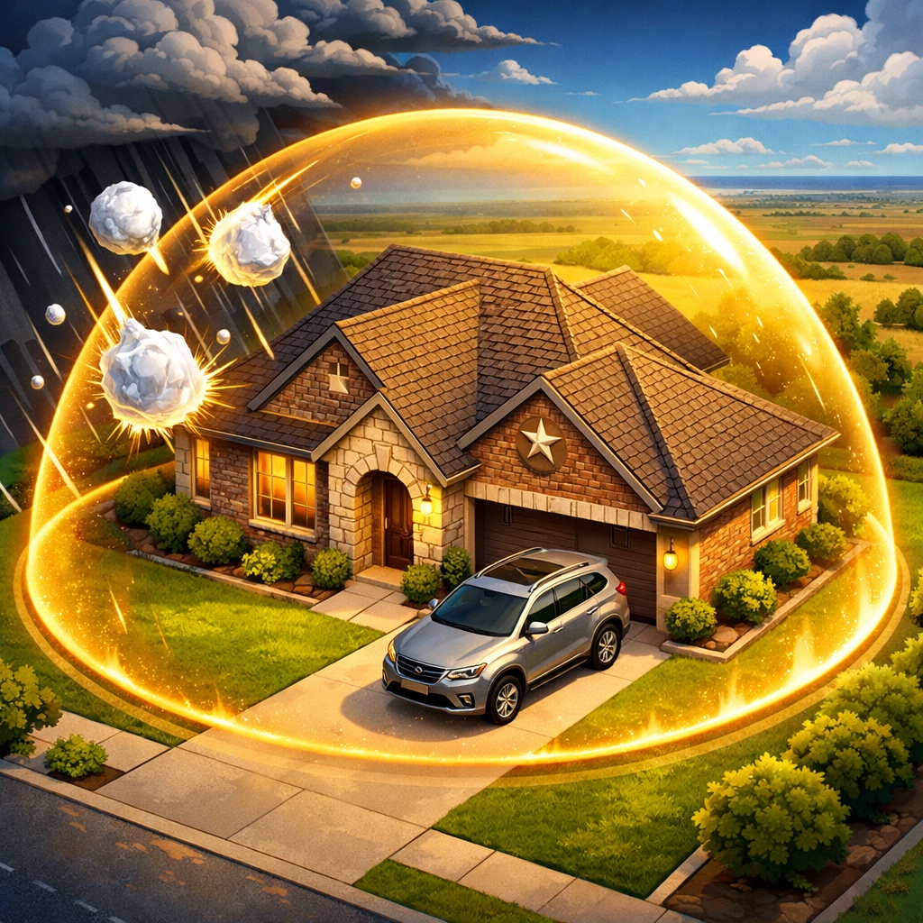 A protective golden shield over a Texas home and car, illustrating secure property and casualty insurance coverage.