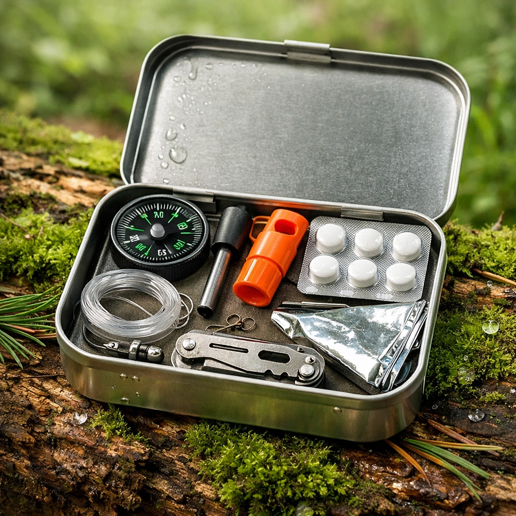 An essential outdoor survival kit with a compass and fire starter for a UK wild camping trip.