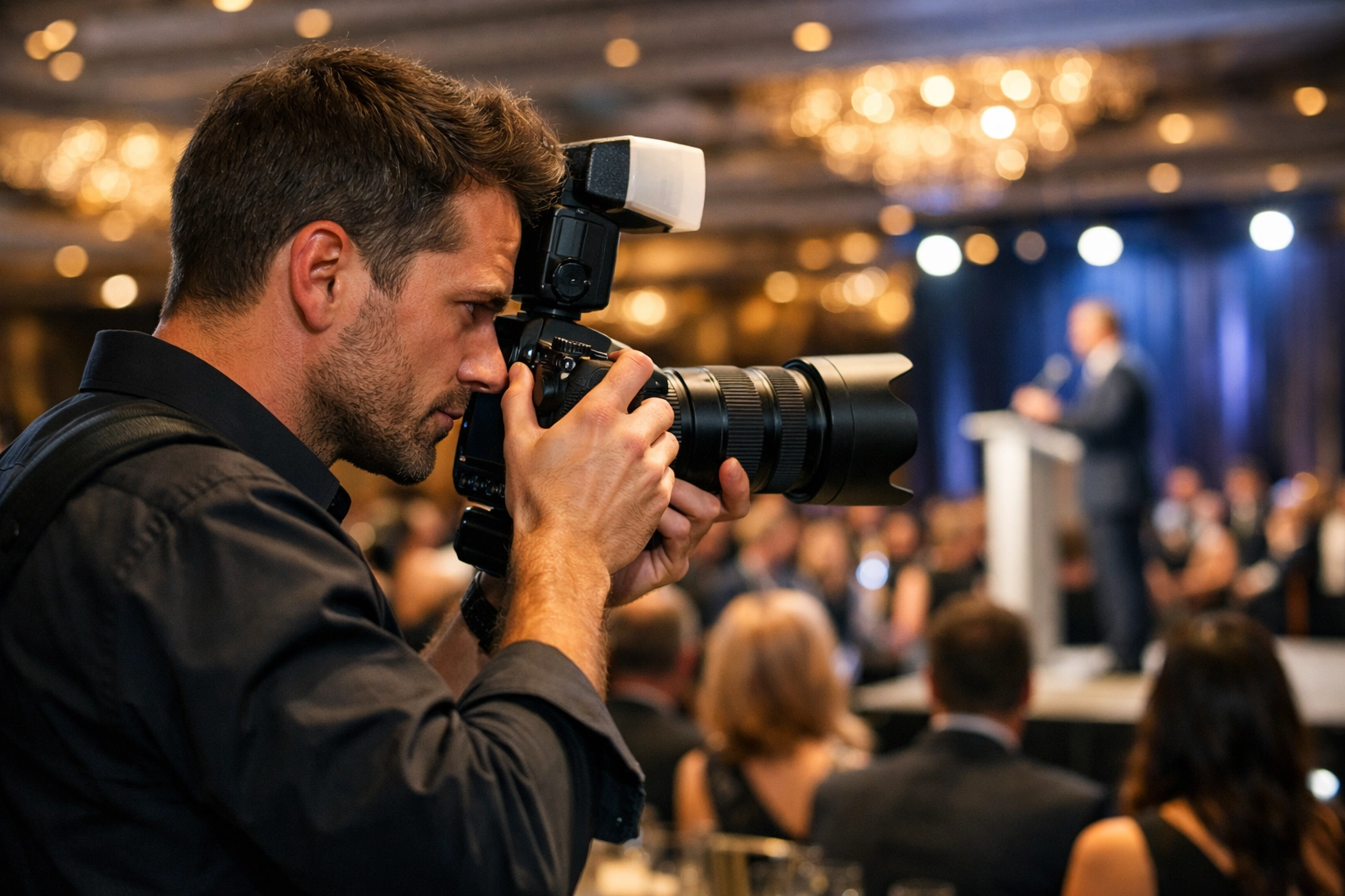 Professional Miami event photographer capturing a corporate gala at a modern luxury ballroom.