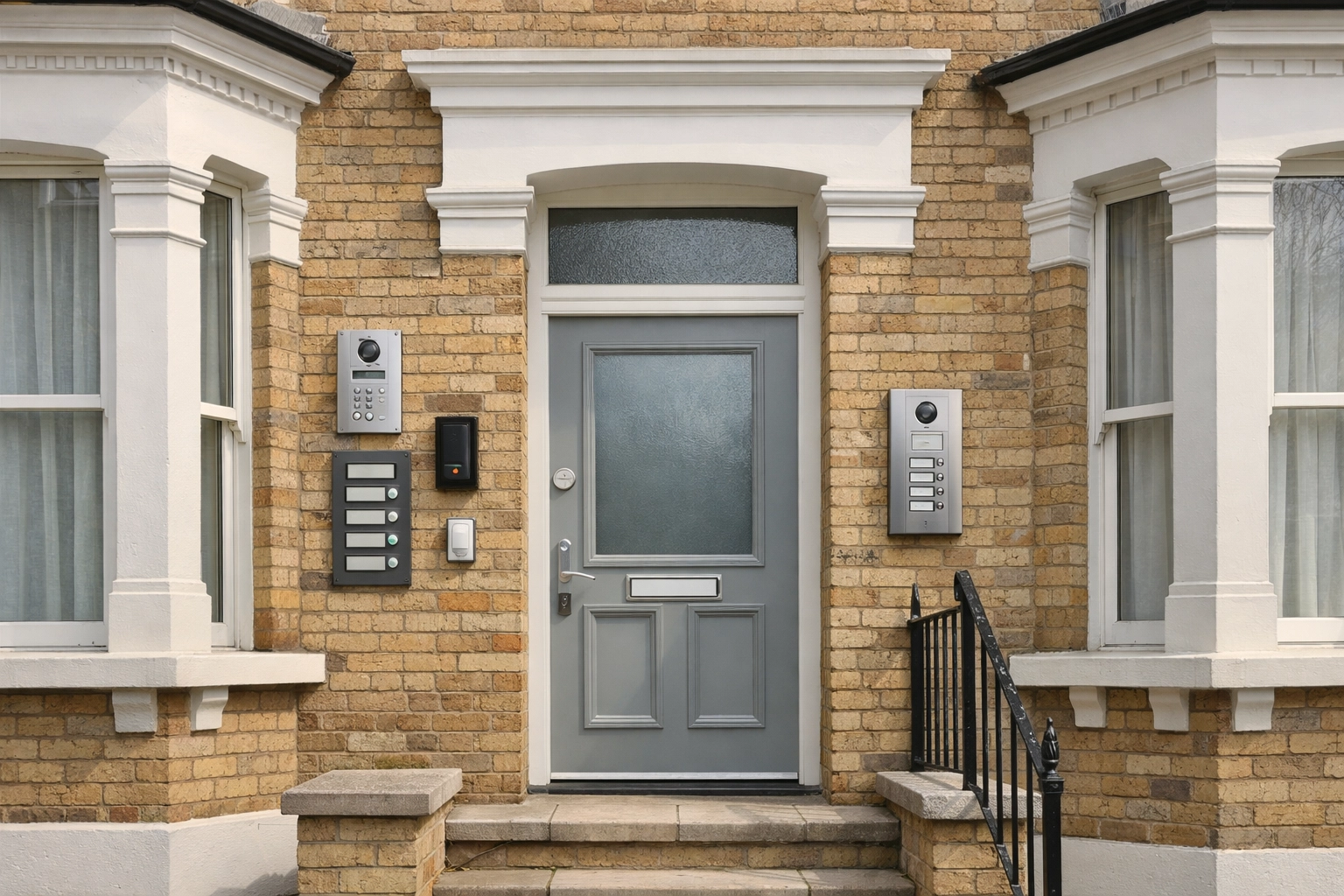 London HMO property exterior with multiple entry buzzers on brick terraced house