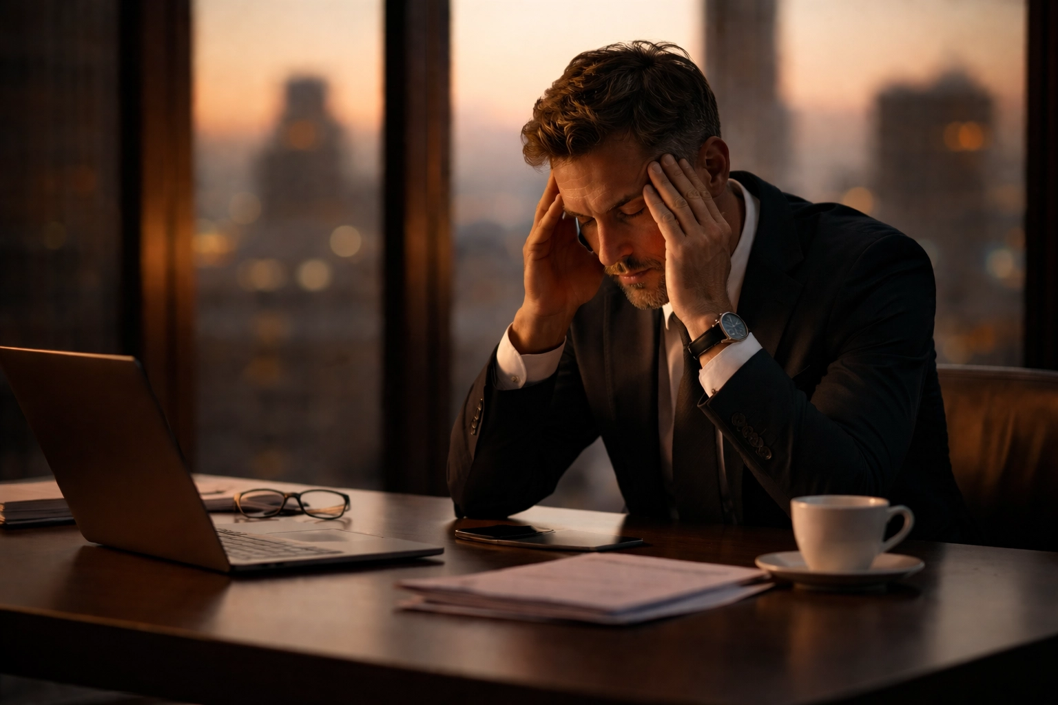 Businessman in modern office contemplating decisions after divorce, illustrating decision-making fog for high achievers.