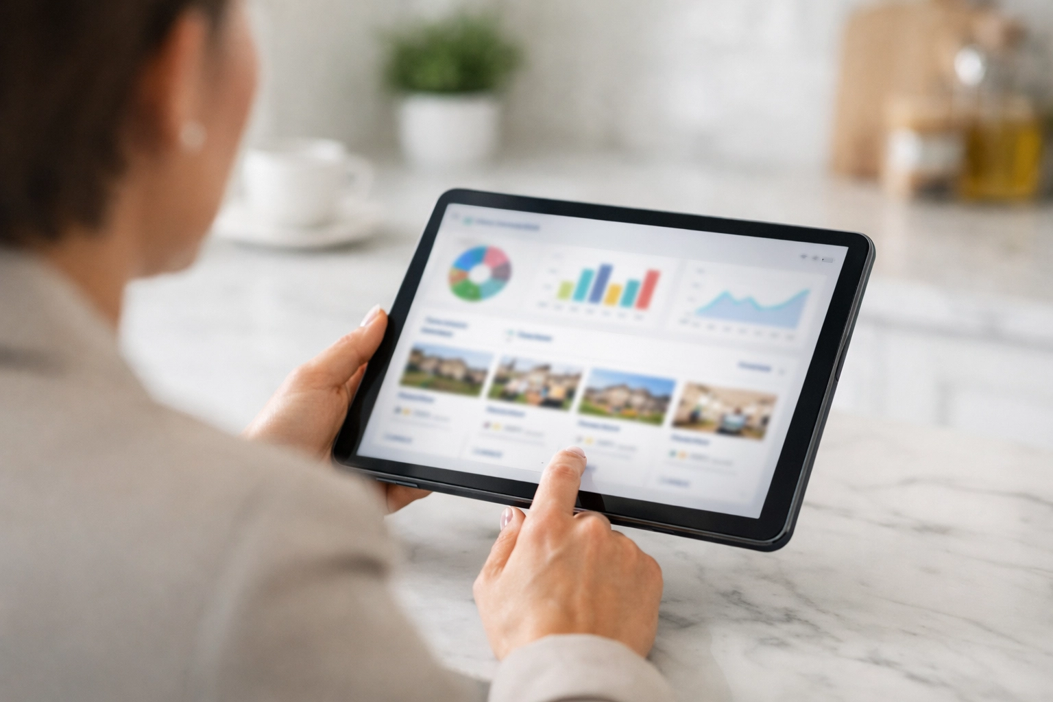 Person viewing an owner portal dashboard to track revenue for their airbnb management Vancouver property.