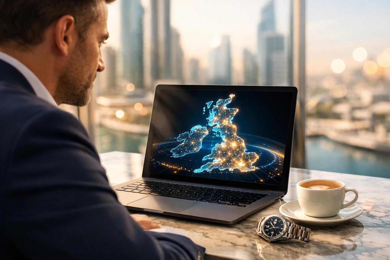 Expat investor viewing a digital map of the UK while planning a foreign national mortgage application.