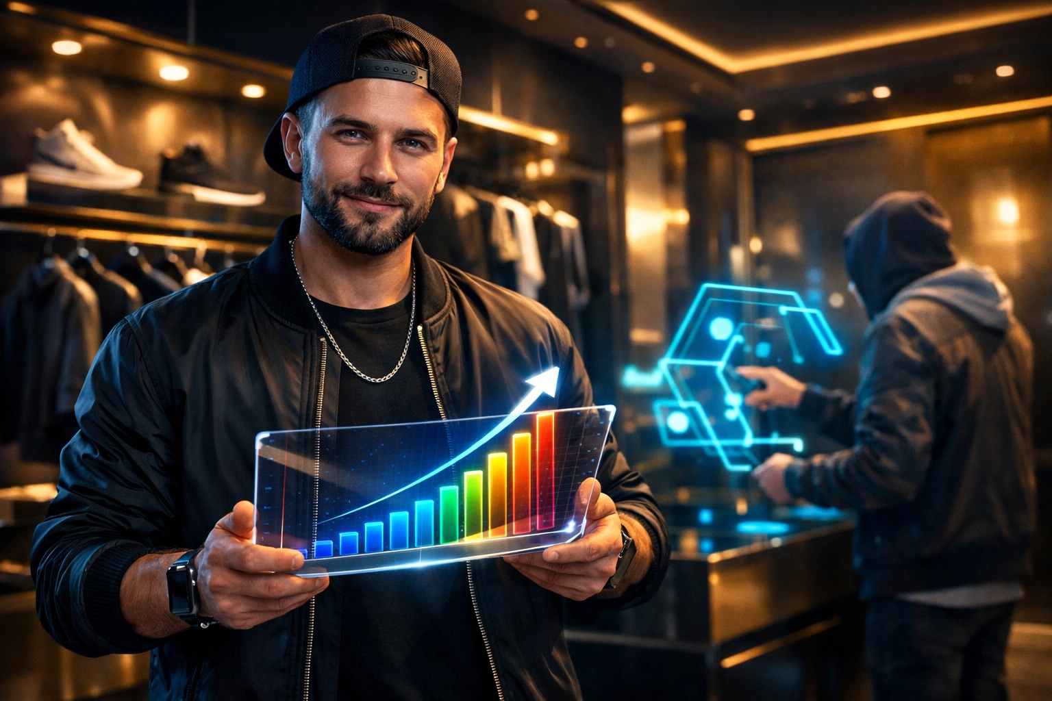 Merchant using Larecoin AI spatial intelligence to track metaverse shopping sales and merchant growth data.