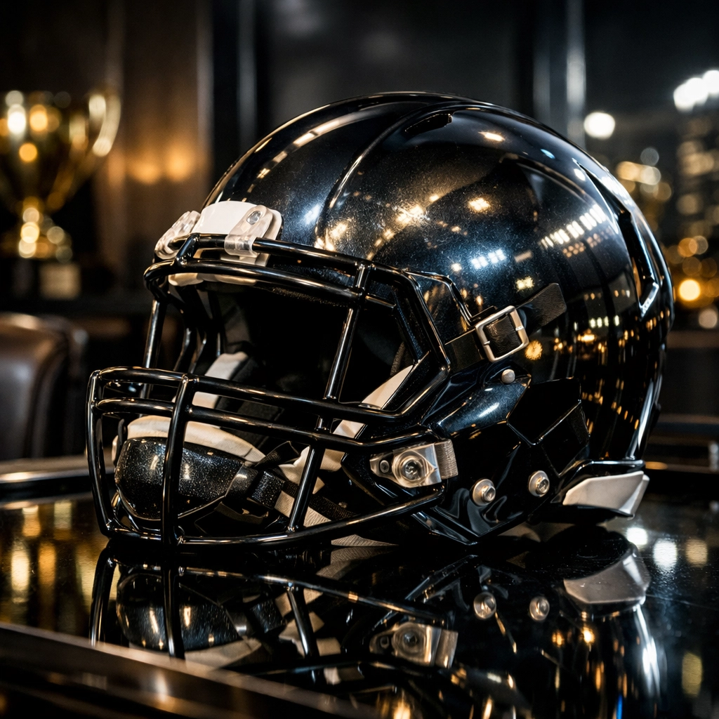 Professional football helmet in a luxury office symbolizing elite sports marketing success and ROI.