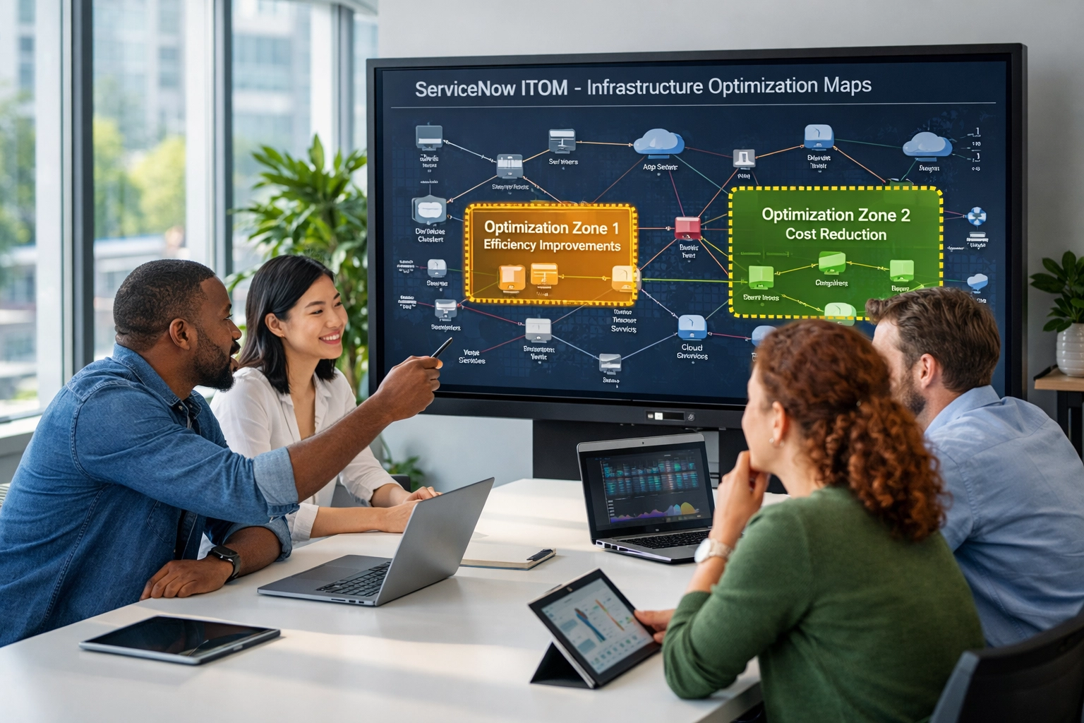 Team analyzing ServiceNow ITOM infrastructure optimization on interactive display for ROI improvement