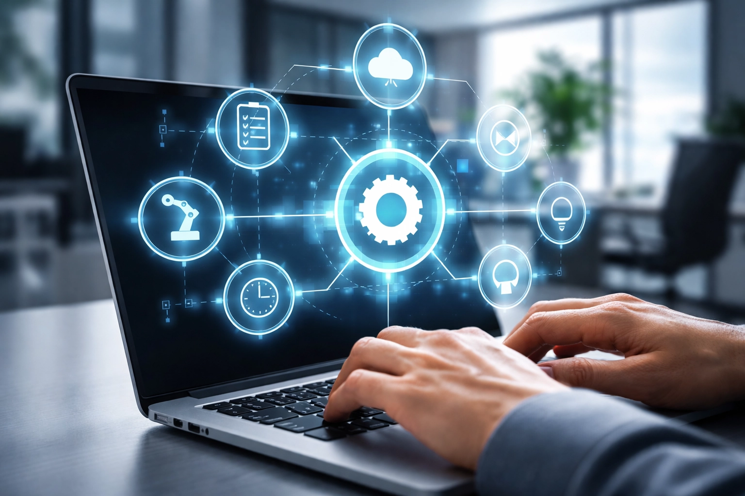 Hands typing on laptop with digital automation icons, illustrating automated debt collection payment solutions