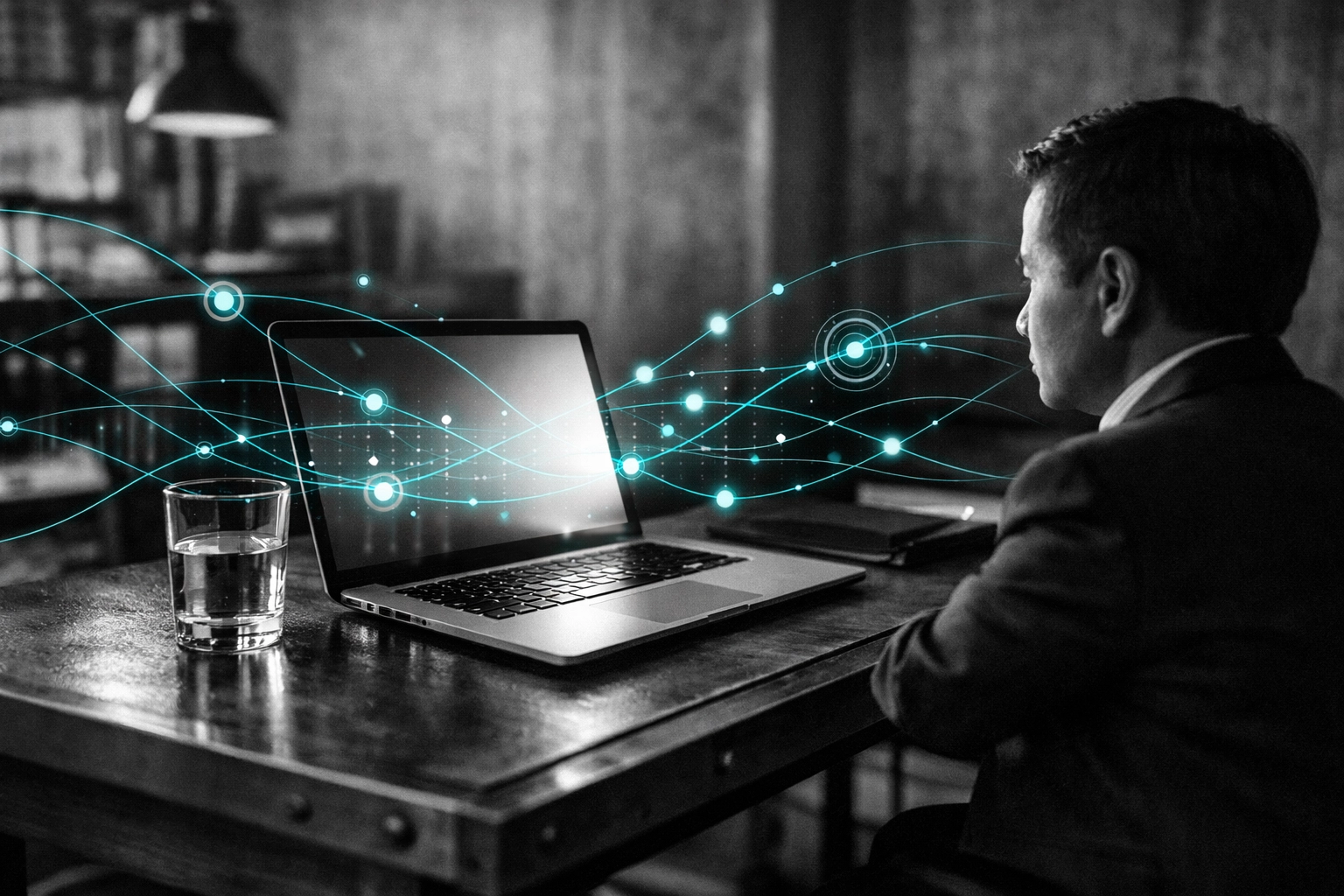 Small business manager using a laptop to analyze AI-driven reputation management data and SEO insights.