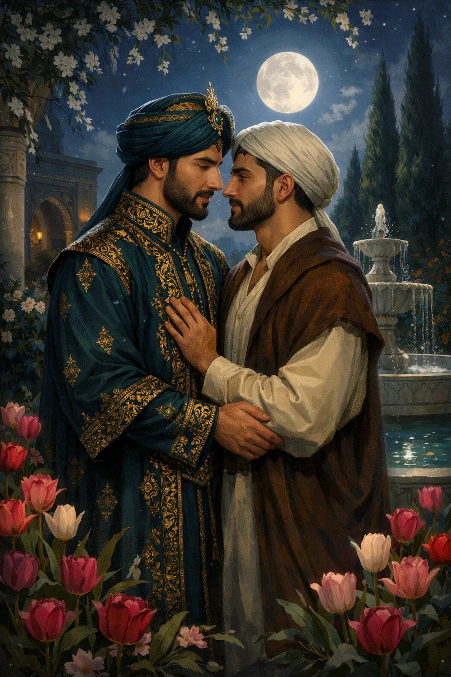 Two men in Ottoman dress sharing a moonlit moment, a scene from the best MM romance books 2026.