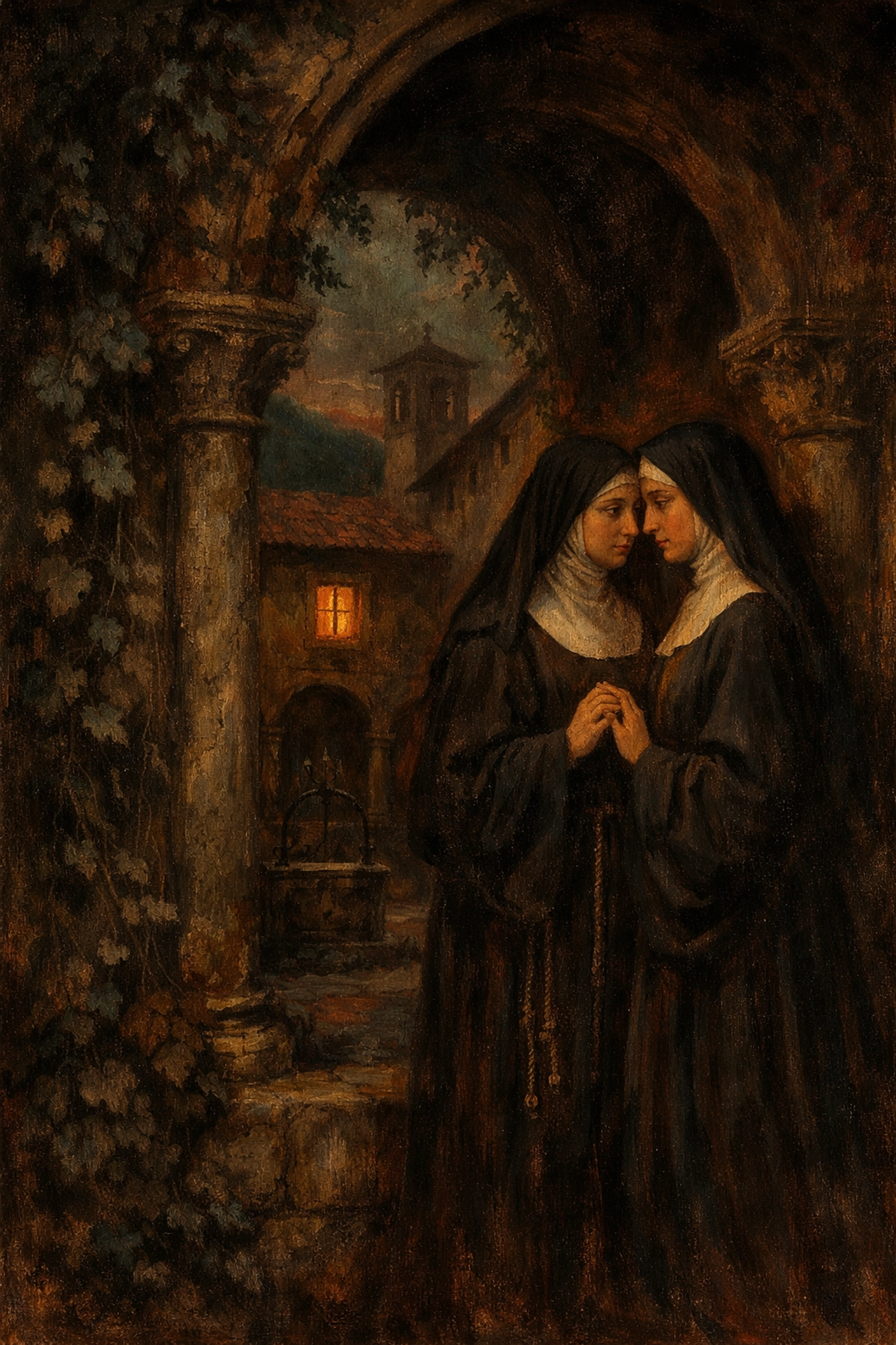 Two medieval nuns sharing a tender moment in monastery courtyard, 14th-century LGBTQ history