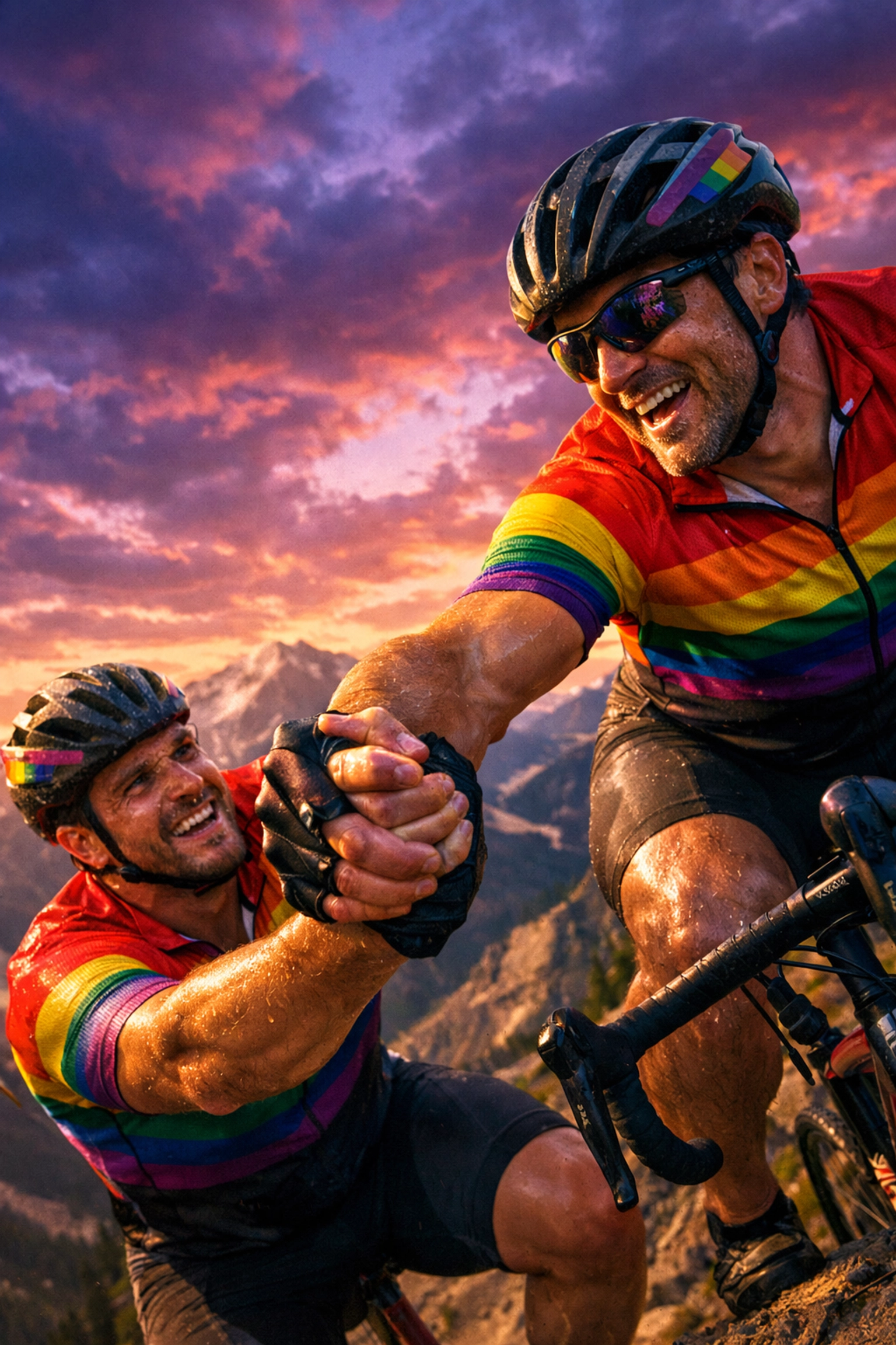 Two gay cyclists supporting each other uphill during Pride endurance ride