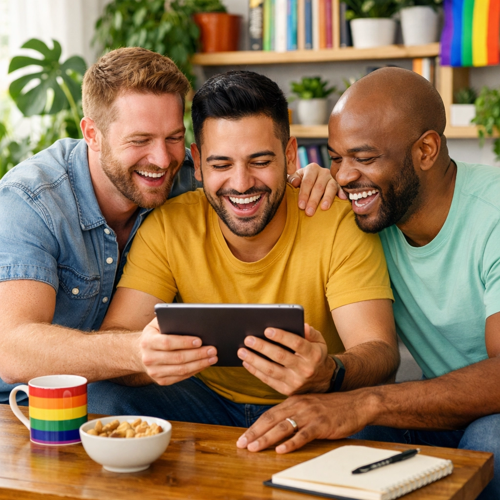 Gay polyamorous triad laughing together, reflecting diverse relationship dynamics from MM romance books.