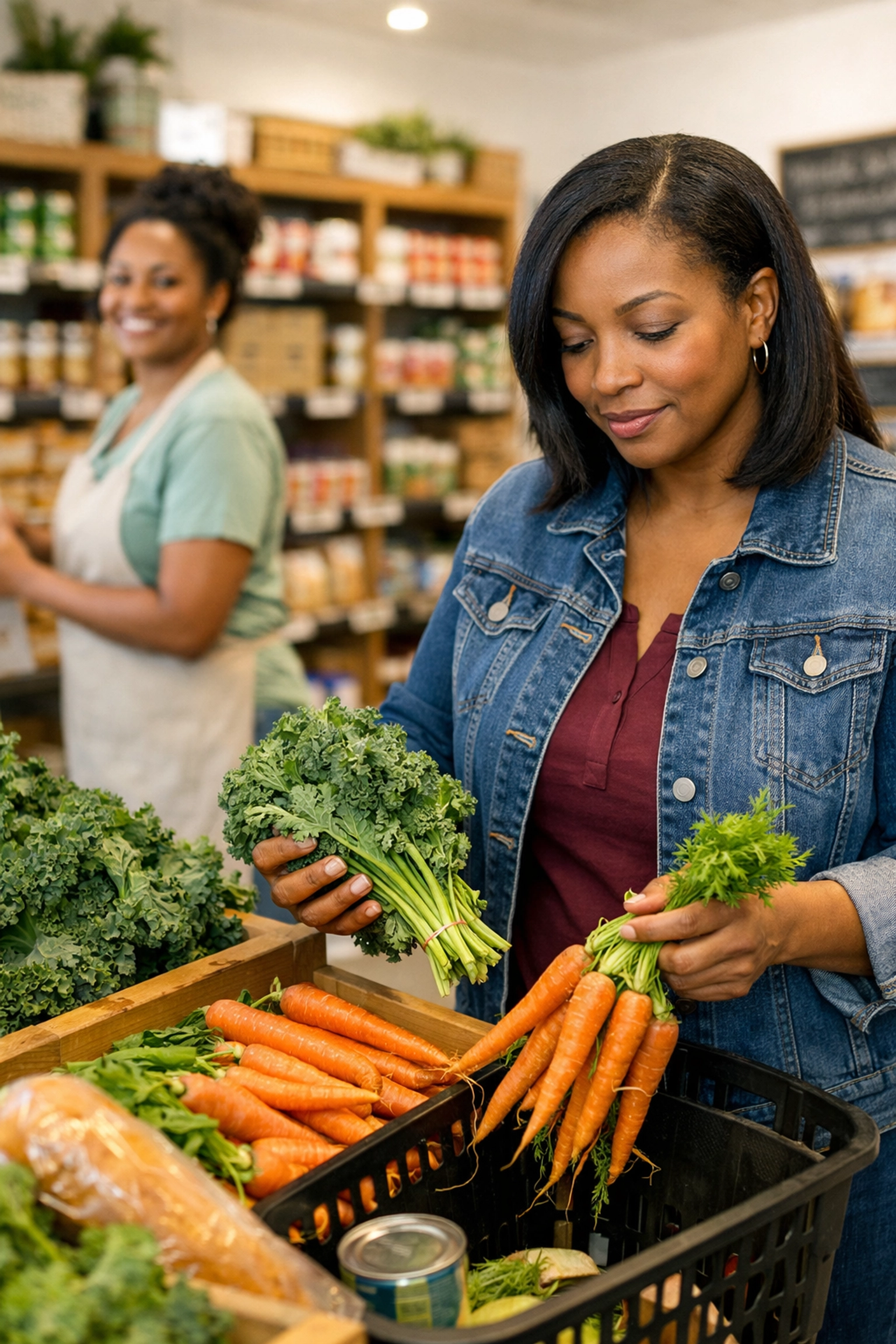 A woman selecting fresh produce at a South Jersey food pantry for emergency food assistance.