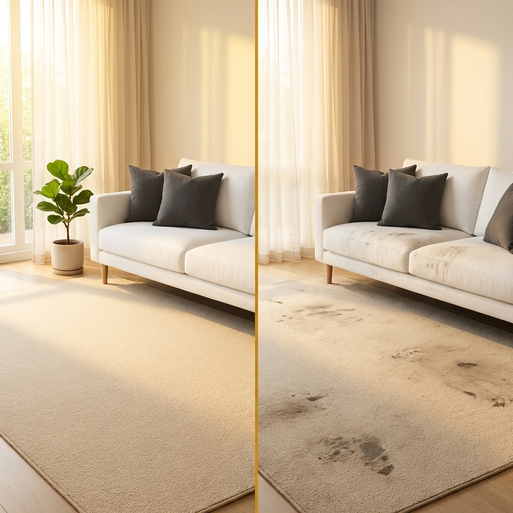 Split-view of living room carpet showing fair wear on one side and tenant damage on the other, illustrating crucial inventory distinctions.