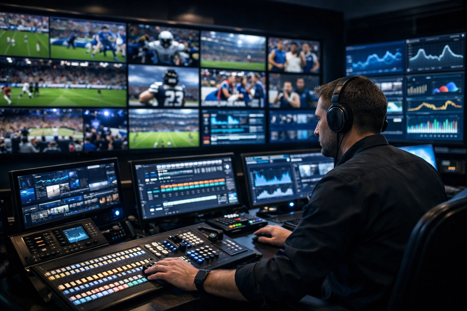 Technician in a media control room managing digital advertising infrastructure and live sports broadcast data feeds.