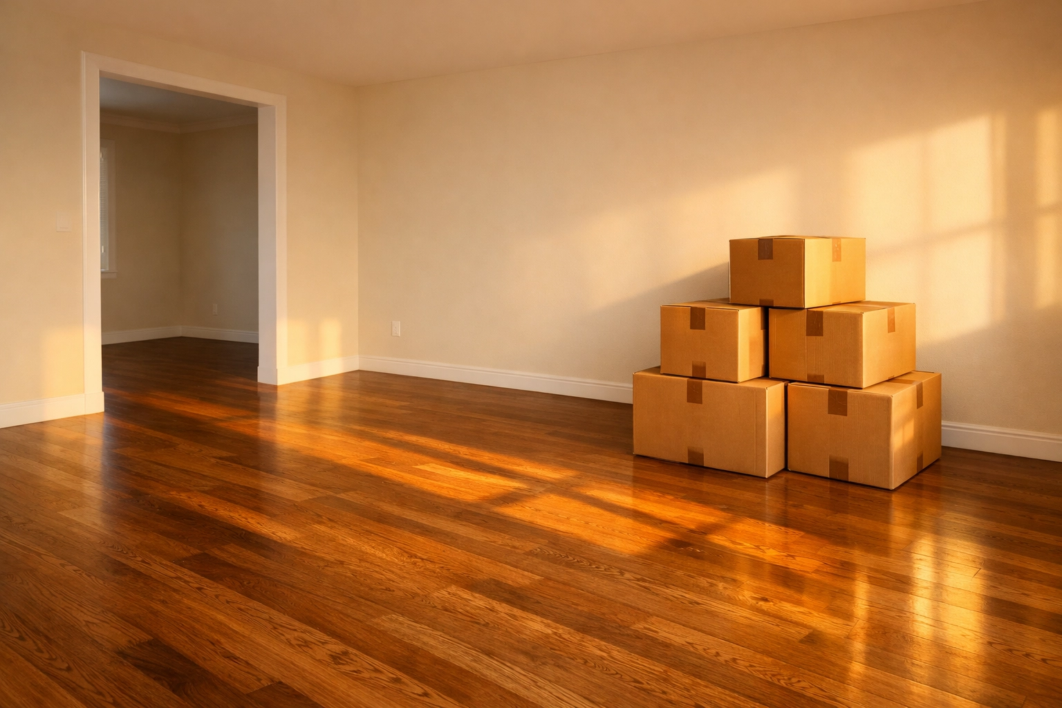 Empty living room with moving boxes representing a hassle-free move after selling to a cash buyer.