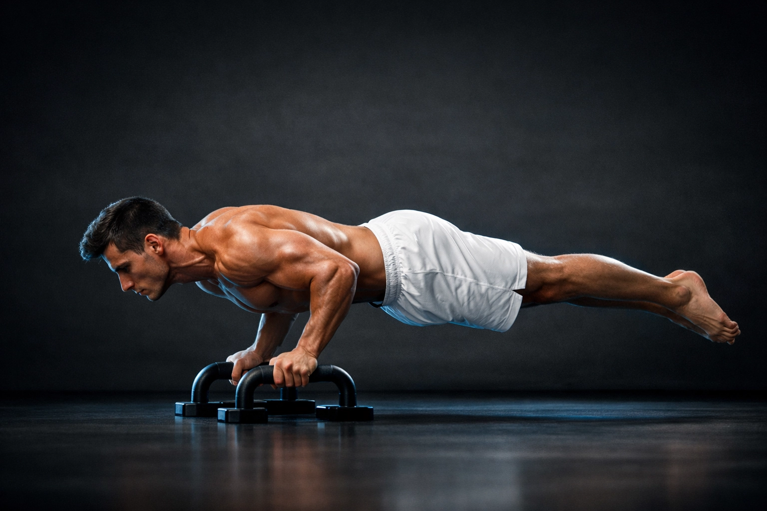 Gymnast demonstrating a controlled eccentric pushup for advanced resistance training and core stability.