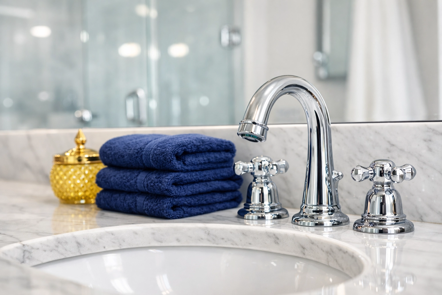 Sparkling chrome faucets and marble vanity in a Milton home after service by professional cleaners Milton.
