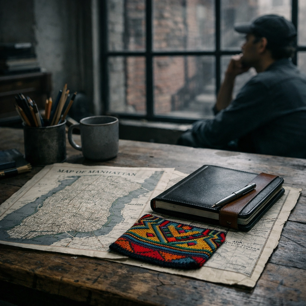 East Village creative workspace in New York featuring a Manhattan map and artisanal textile swatches from Colombia.