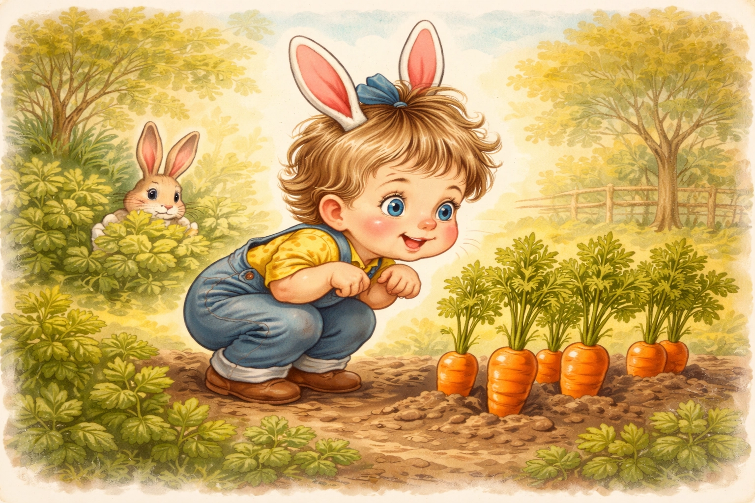 Young child crouching like a bunny in a vegetable patch, demonstrating bunny breath mindfulness.