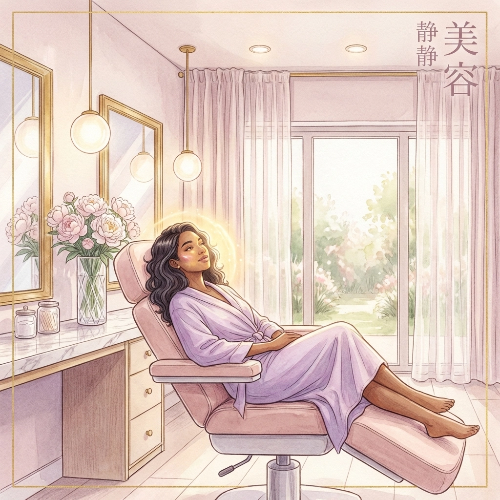 Modern medical spa treatment room with a diverse woman glowing after a Carbon Glow Facial, highlighting luxury skincare and expert care.