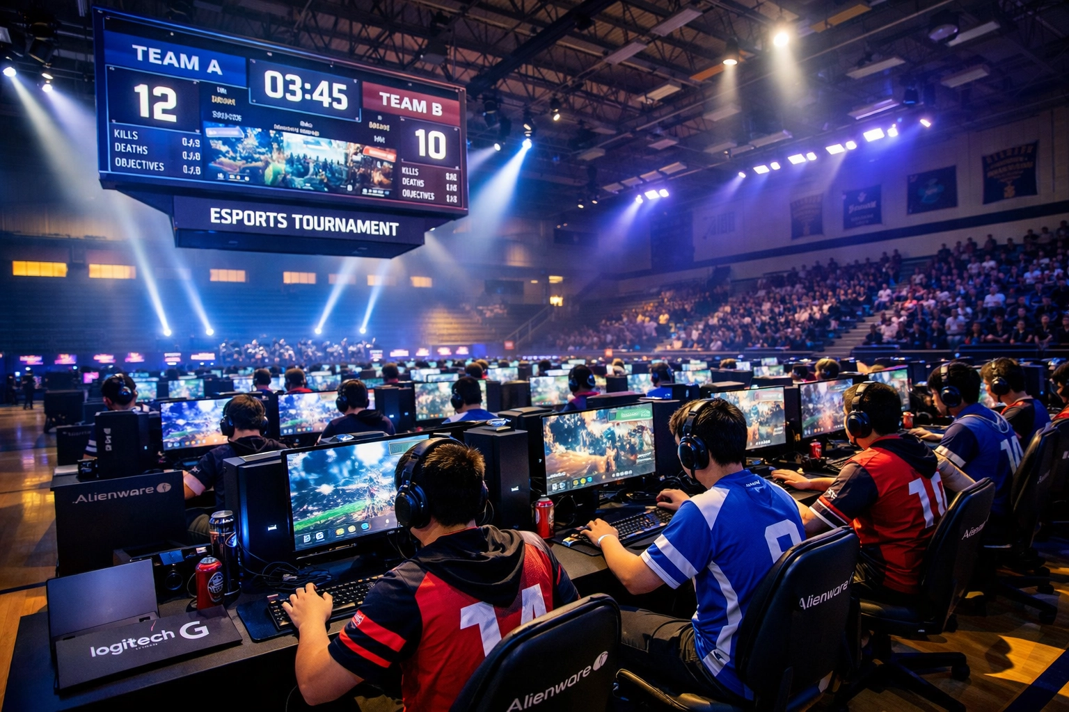 High school esports tournament venue with students competing on professional gaming setups