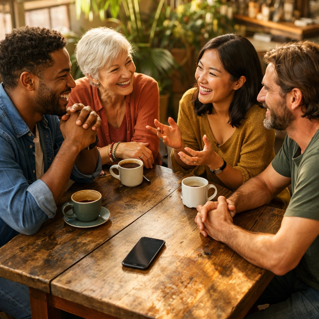 People engaged in conversation at a cafe, representing authentic community growth for small business marketing.
