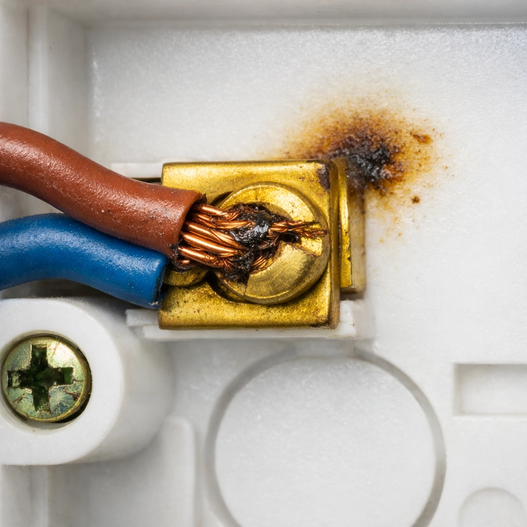 Dangerous frayed wire connection with scorch marks inside a UK electrical box, requiring a professional electrician.