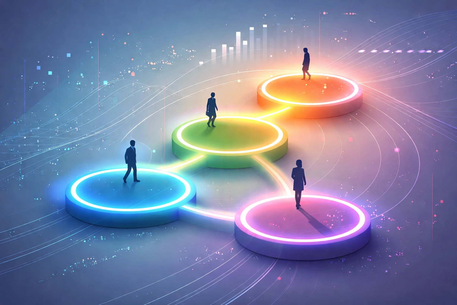 Personnes marchant sur des étapes colorées, représentant un processus efficace de stratégie social media.