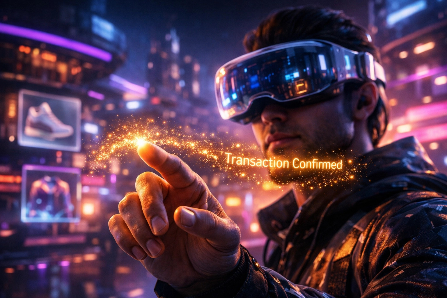 User in a neon metaverse marketplace using a hand gesture to complete a secure blockchain transaction.