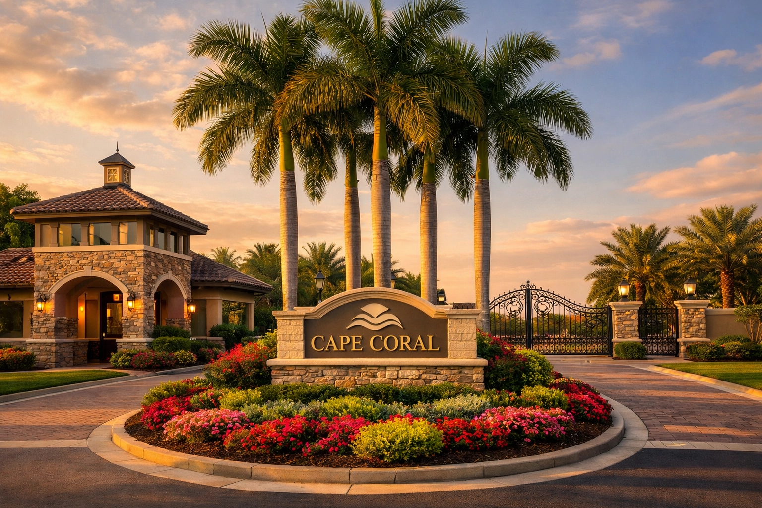 Gated community entrance in Cape Coral with security gate and landscaping
