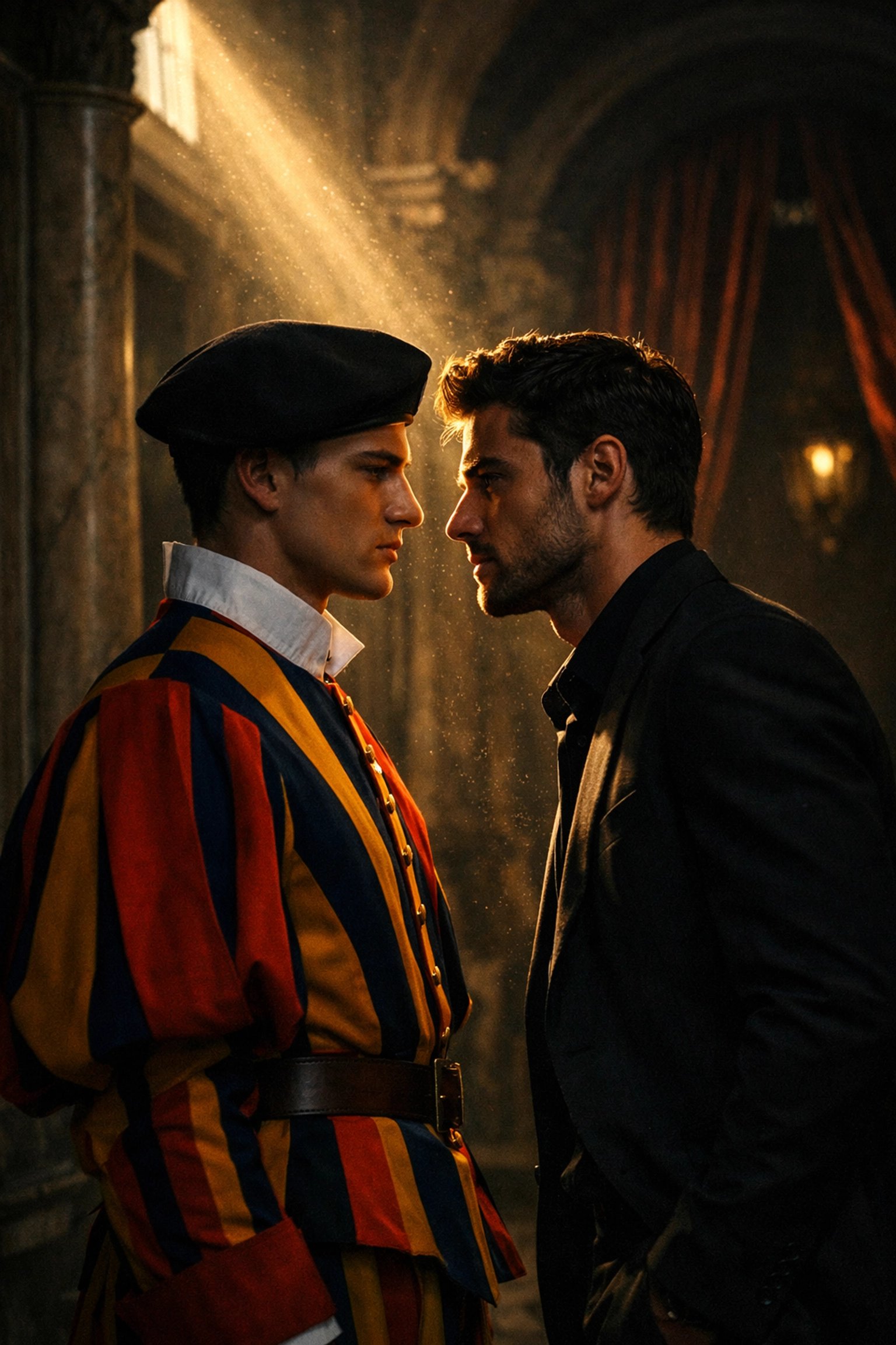 A Swiss Guard and a man share an intense, romantic moment in an ornate Vatican corridor in this MM romance story.