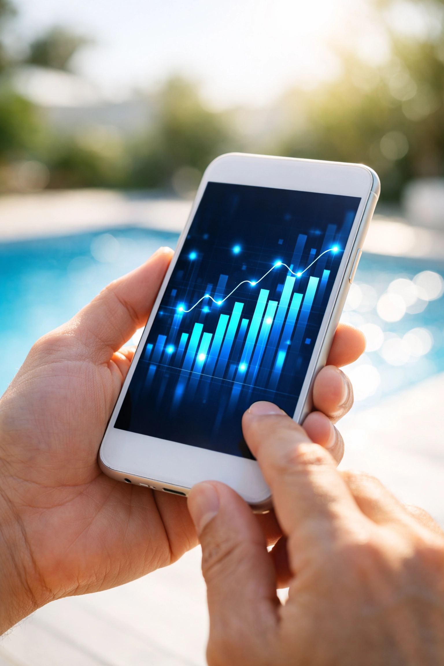 Fast business financing for pool routes viewed on a smartphone with data charts and graphs.