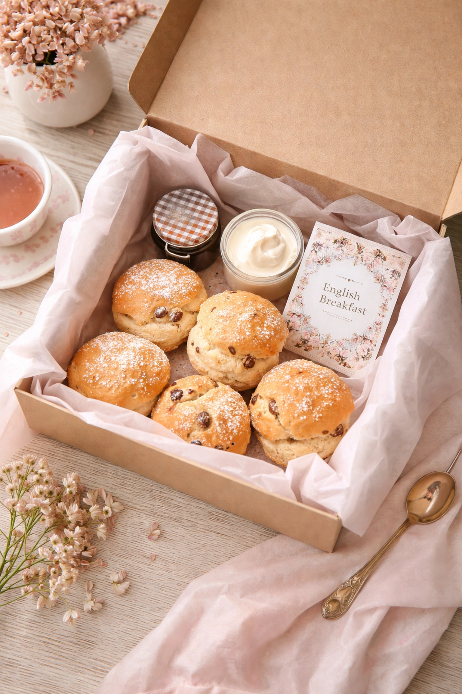 Afternoon tea delivery box with fresh English scones, clotted cream, jam, and loose leaf tea on a table