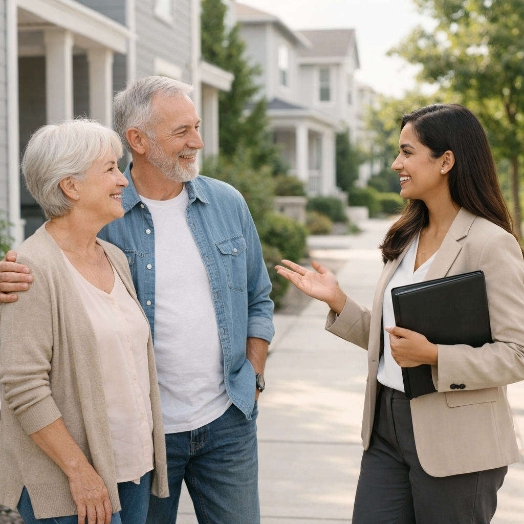 Diverse neighbors chatting on a sidewalk in the friendly Piney Woods manufactured home community.
