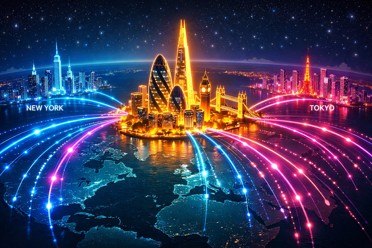 Global communication network hub connecting London skyline with New York and Tokyo business zones.