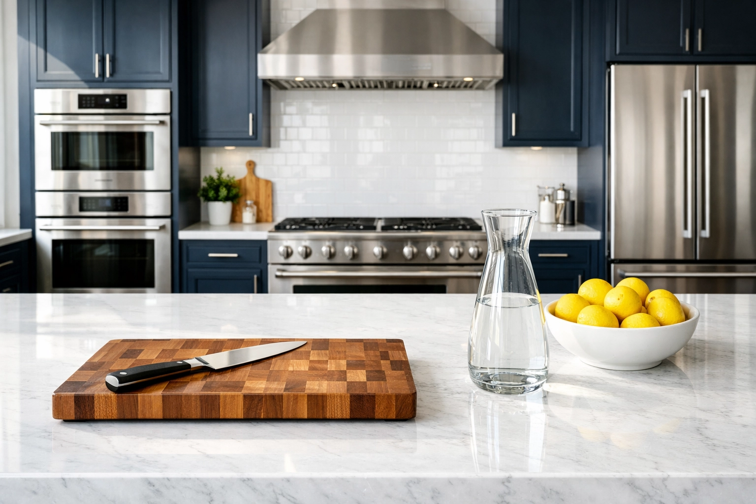 A sparkling clean kitchen with a wooden cutting board sanitized with eco-friendly hydrogen peroxide.