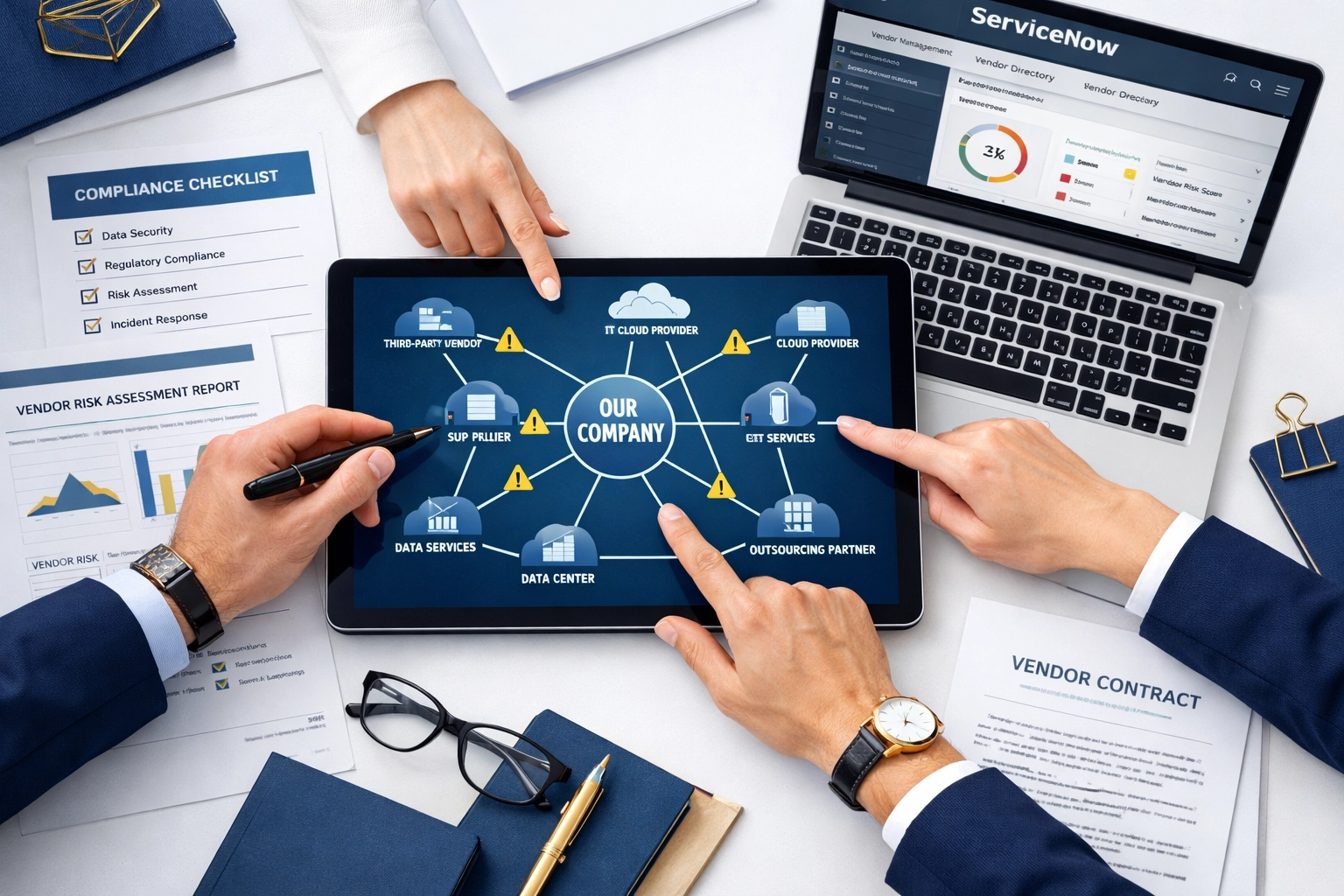Team analyzing ServiceNow vendor risk management and third-party ICT dependencies for DORA compliance