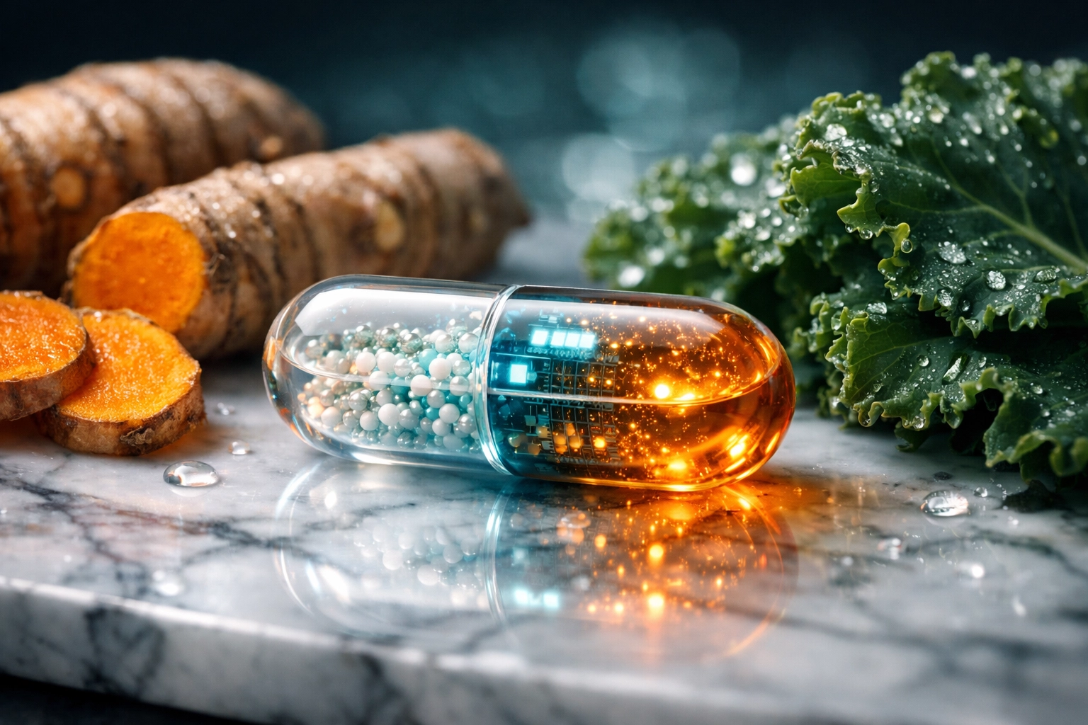 Modern endometriosis treatment capsule with anti-inflammatory turmeric and kale leaves on marble.