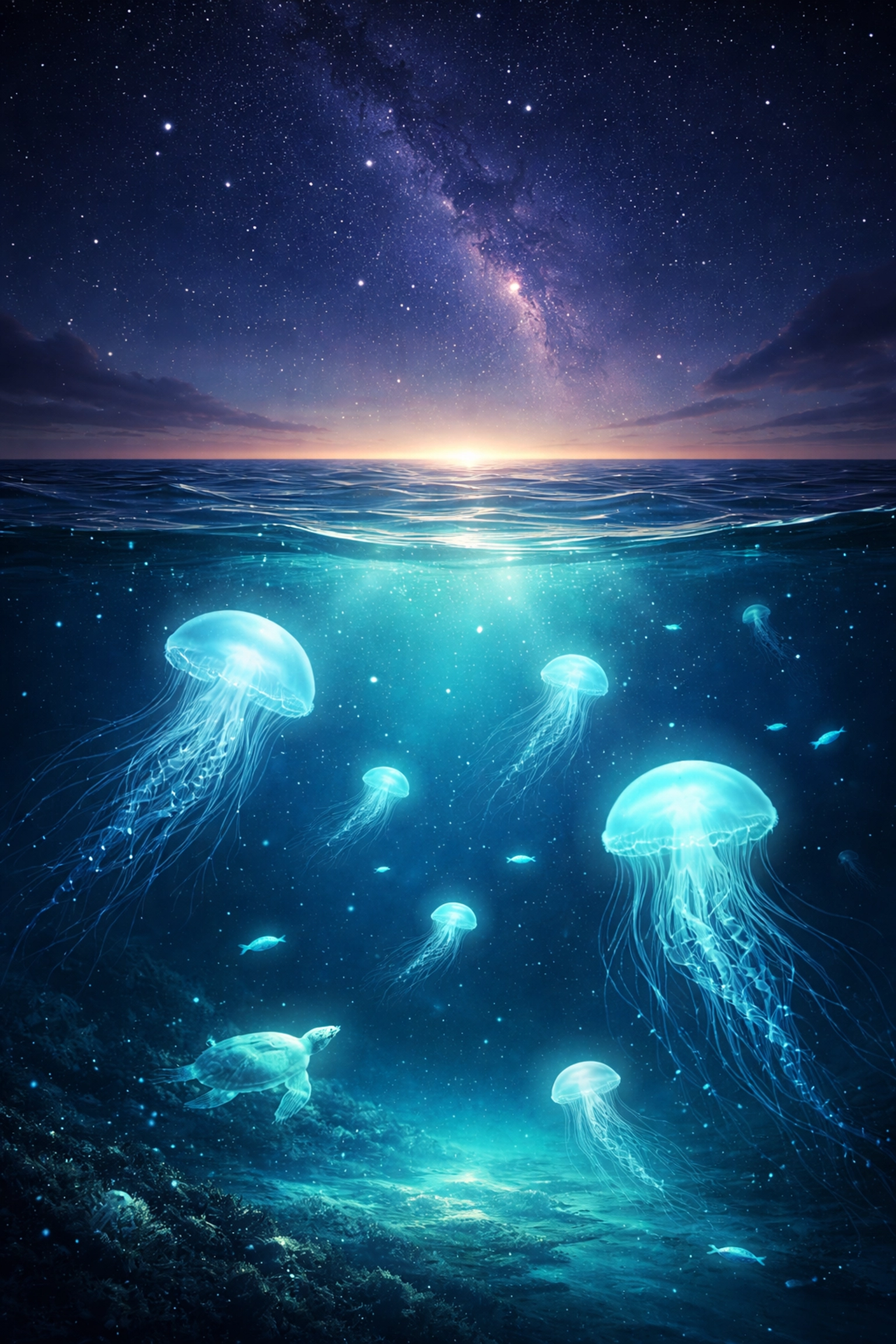 Bioluminescent sea creatures and starry night sky illustrate God's creation beauty in Moana 2 review.