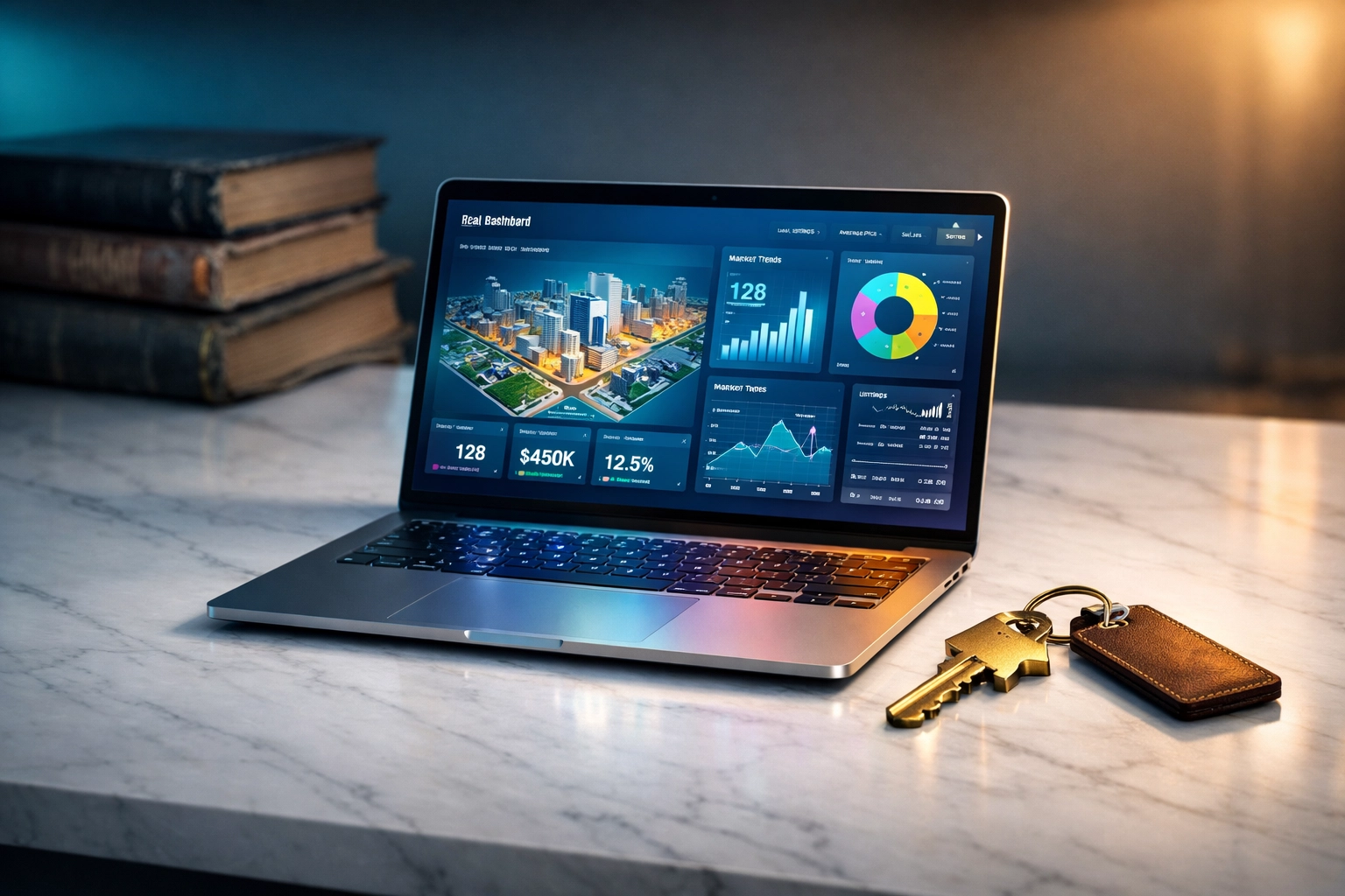 Laptop with real estate charts replacing old textbooks for Florida real estate license prep.