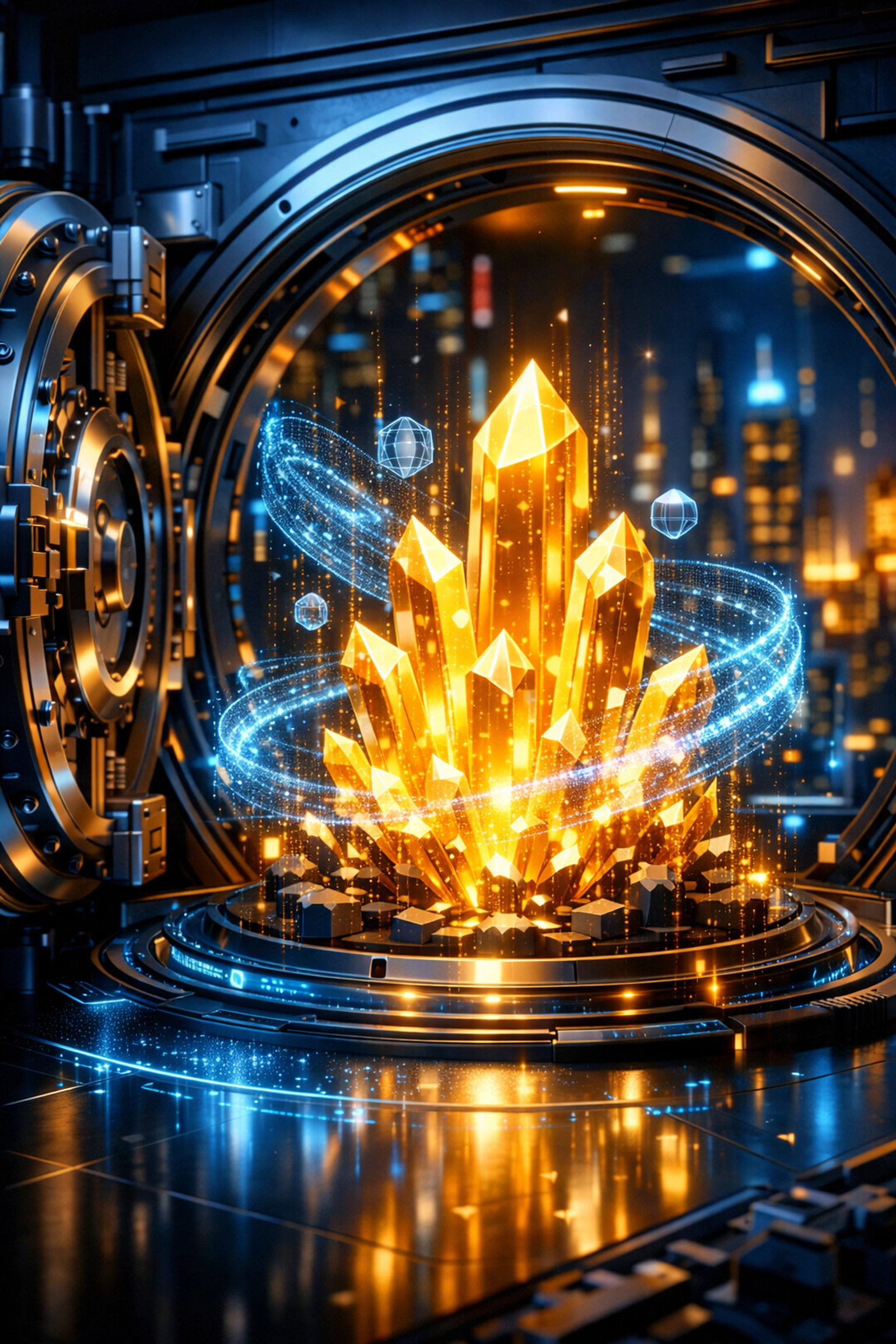 High-tech vault revealing glowing digital assets representing Larecoin as a secure digital commodity.