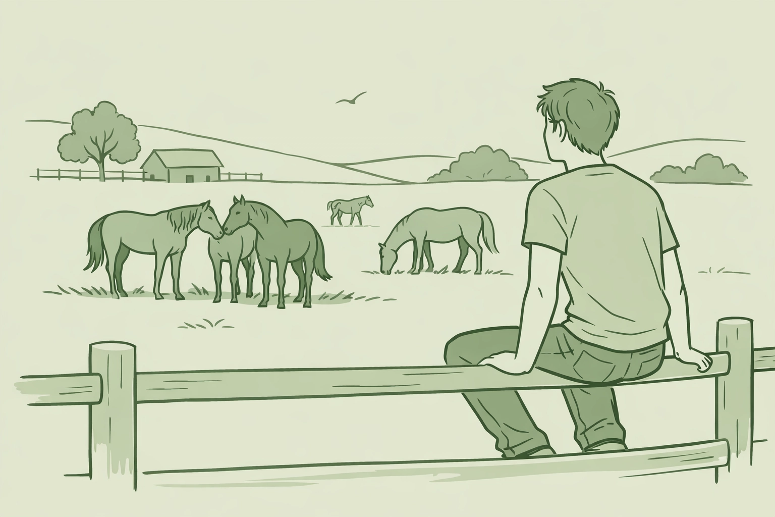 LGBTQ+ youth observing horse herd dynamics during therapeutic observation session